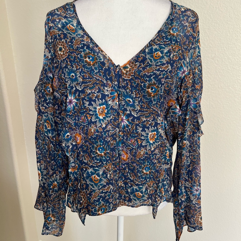 Veronica Beard 8 Cerulean blue silk floral Blanchett L/s blouse with cami